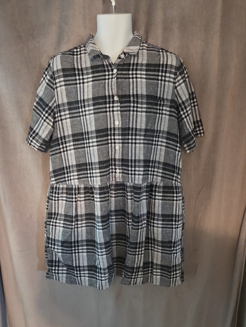 Roots Black and White Plaid Button-Down Mini Dress